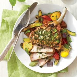 Broiled Pork Chops with Basil Butter and Summer Squash Recipe